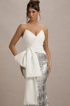 Ceres | Ecru Strapless Draped Maxi Dress With Sequin Skirt