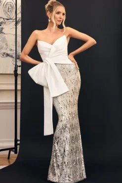 Ceres | Ecru Strapless Draped Maxi Dress With Sequin Skirt