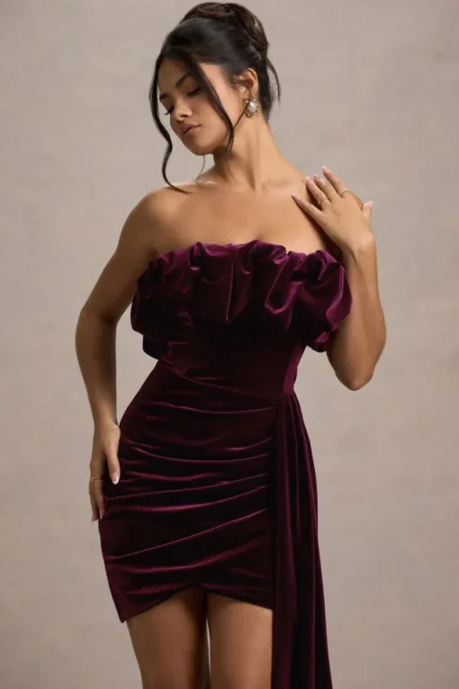 Ceronne | Plum Velvet Bandeau Mini Dress With Drape