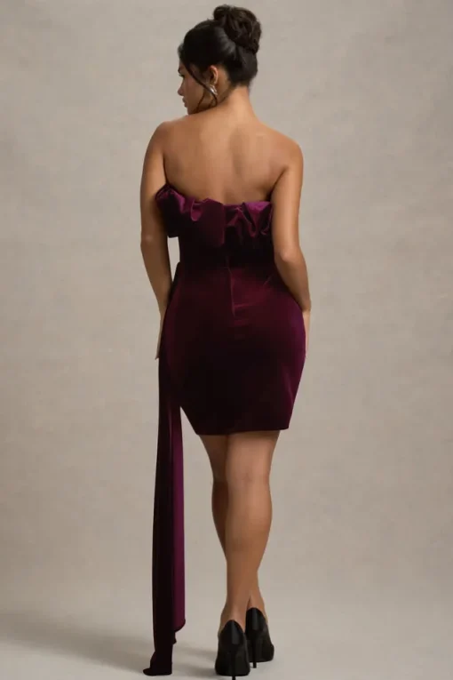 Ceronne | Plum Velvet Bandeau Mini Dress With Drape