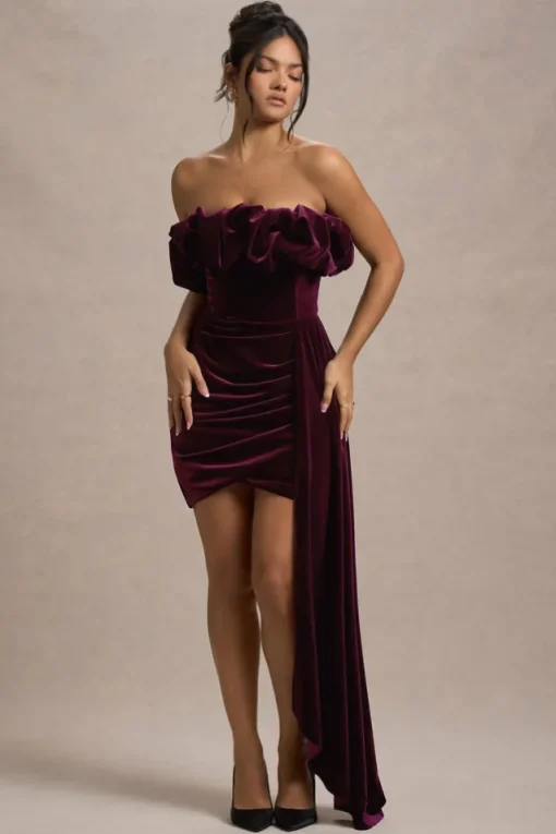 Ceronne | Plum Velvet Bandeau Mini Dress With Drape