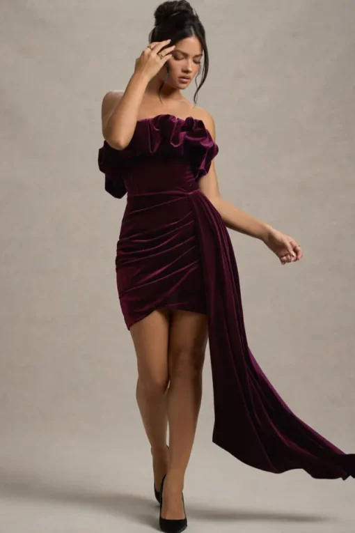 Ceronne | Plum Velvet Bandeau Mini Dress With Drape
