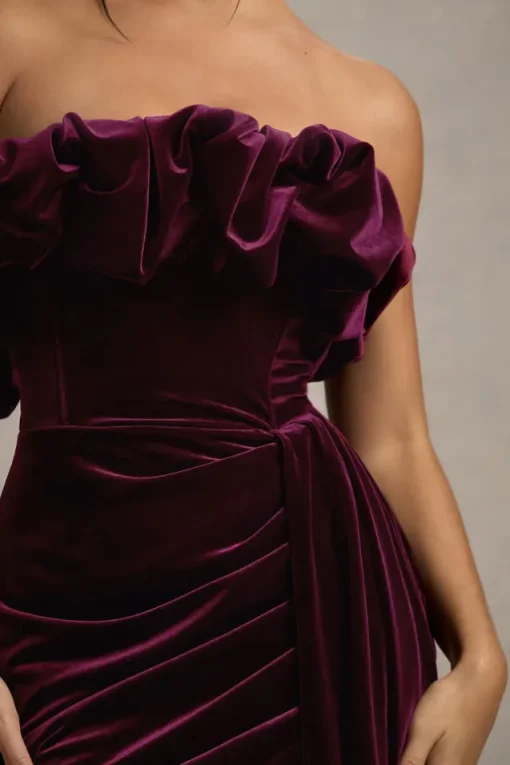 Ceronne | Plum Velvet Bandeau Mini Dress With Drape