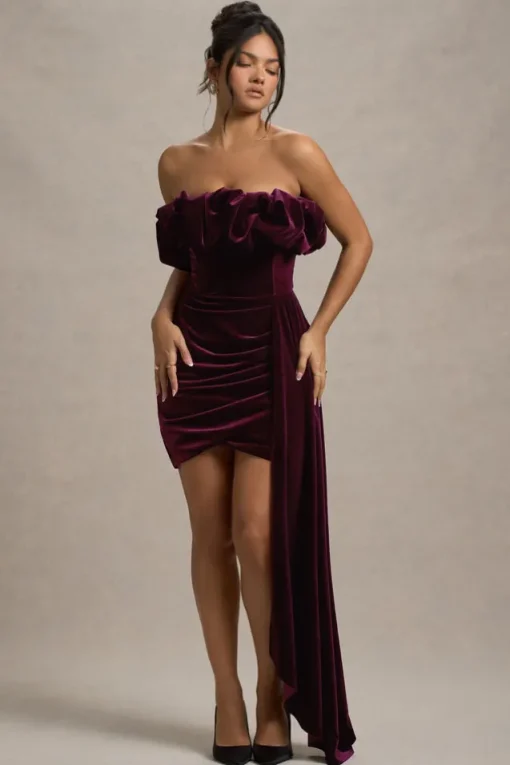 Ceronne | Plum Velvet Bandeau Mini Dress With Drape