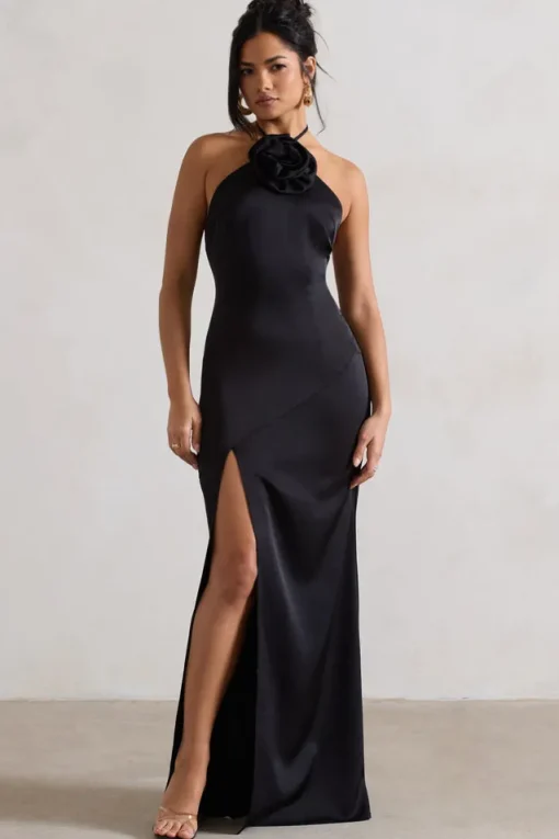 Cesca | Black Satin Halter-Neck Maxi Dress With Flower Corsage