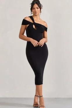 Chain Reaction | Black Strappy Asymmetric Bodycon Midi Dress