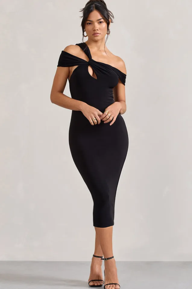 Chain Reaction | Black Strappy Asymmetric Bodycon Midi Dress