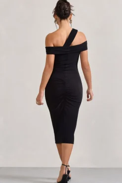 Chain Reaction | Black Strappy Asymmetric Bodycon Midi Dress