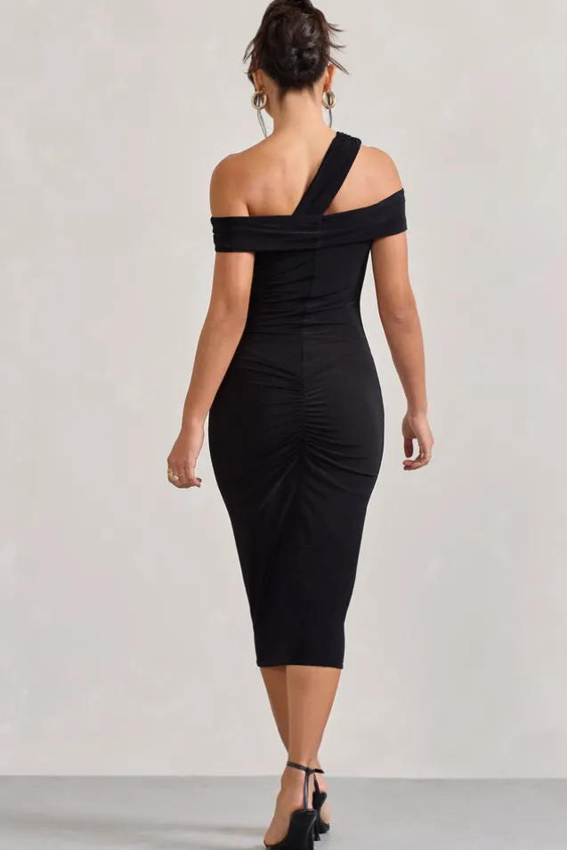 Chain Reaction | Black Strappy Asymmetric Bodycon Midi Dress
