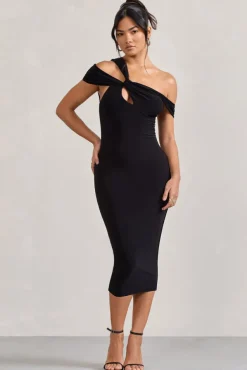 Chain Reaction | Black Strappy Asymmetric Bodycon Midi Dress
