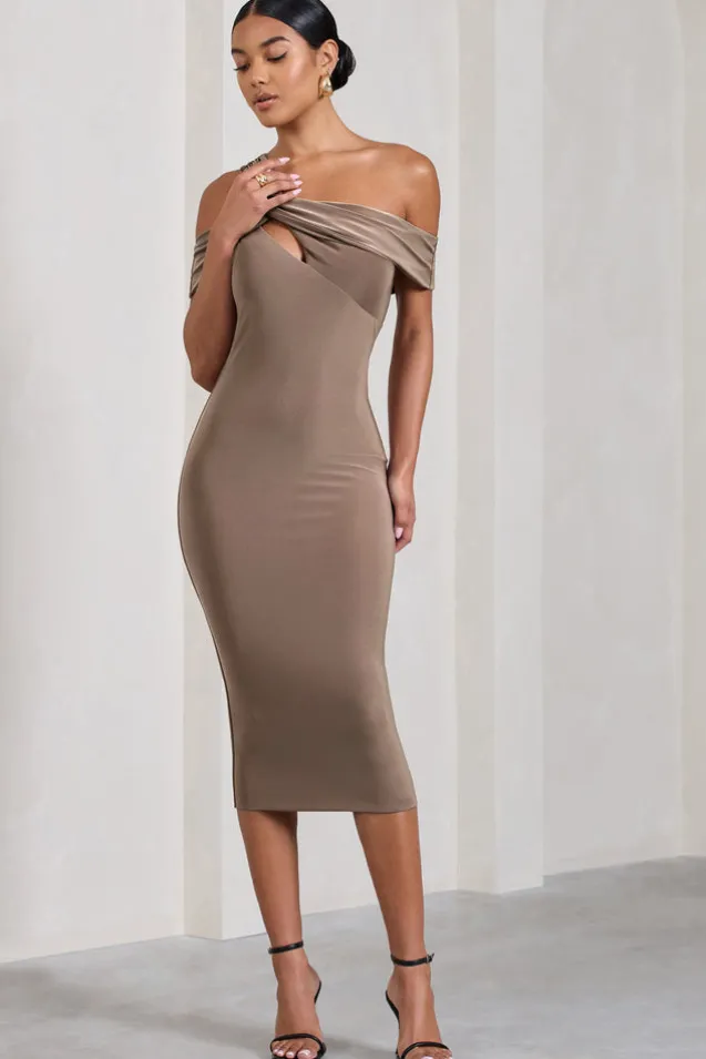 Chain Reaction | Mocha Strappy Asymmetric Bodycon Midi Dress