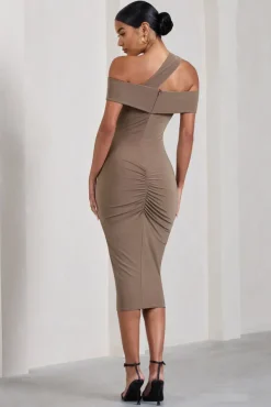 Chain Reaction | Mocha Strappy Asymmetric Bodycon Midi Dress