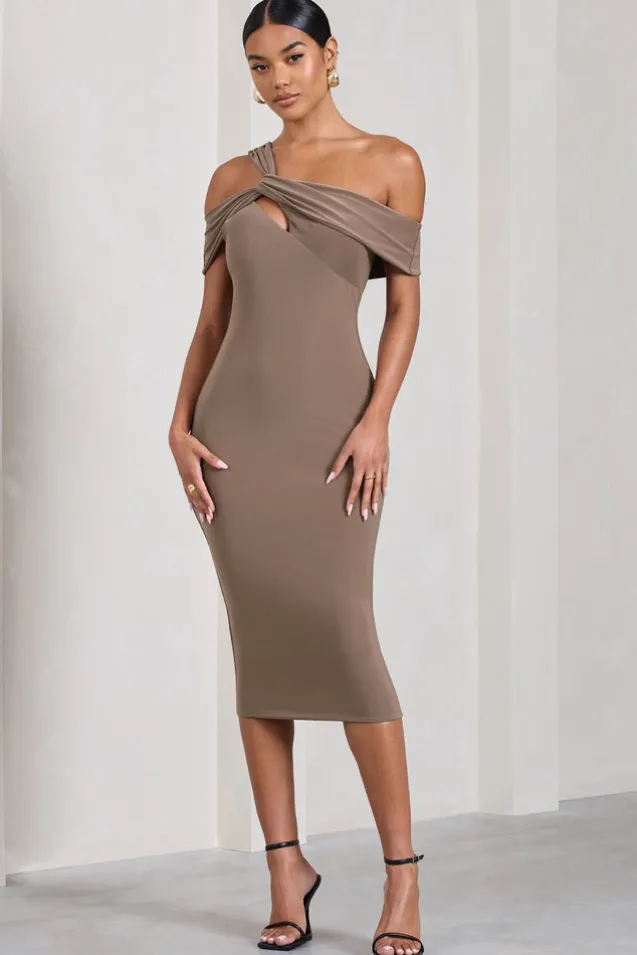 Chain Reaction | Mocha Strappy Asymmetric Bodycon Midi Dress