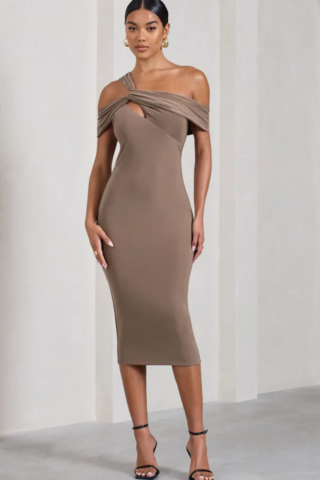 Chain Reaction | Mocha Strappy Asymmetric Bodycon Midi Dress
