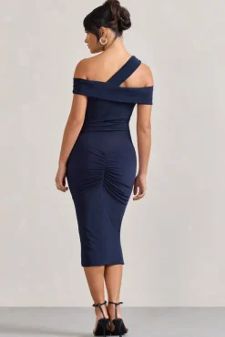 Chain Reaction | Navy Strappy Asymmetric Bodycon Midi Dress