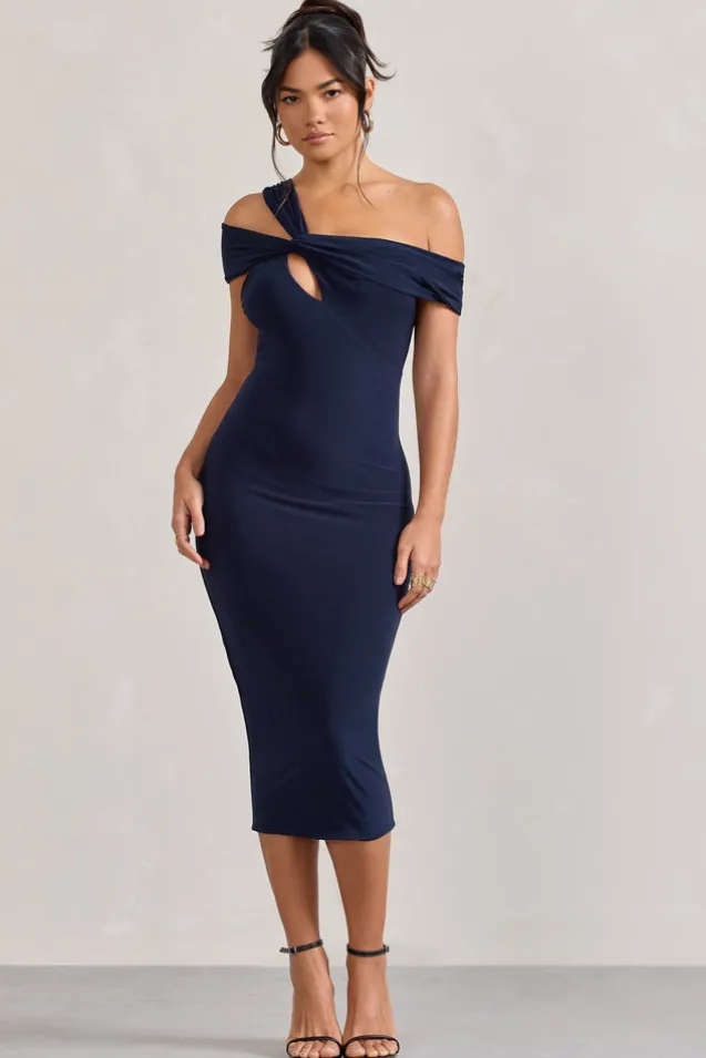 Chain Reaction | Navy Strappy Asymmetric Bodycon Midi Dress