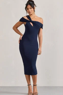 Chain Reaction | Navy Strappy Asymmetric Bodycon Midi Dress