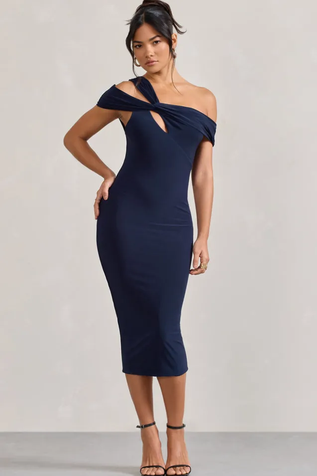 Chain Reaction | Navy Strappy Asymmetric Bodycon Midi Dress