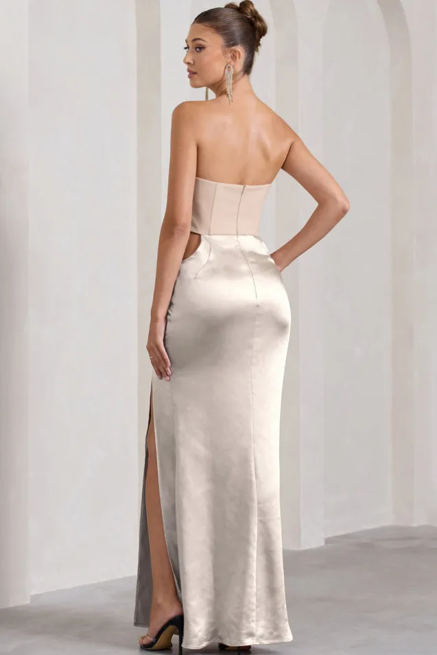 Champagne Showers | Nude Satin Strapless Split Maxi Dress