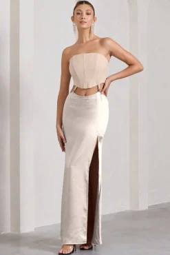 Champagne Showers | Nude Satin Strapless Split Maxi Dress