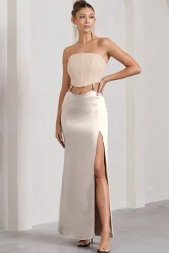 Champagne Showers | Nude Satin Strapless Split Maxi Dress