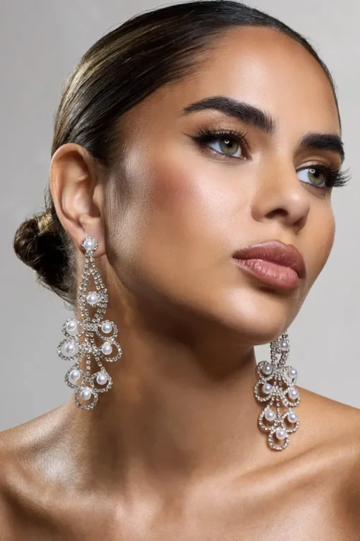 Chandelier | Gold Diamante Pearl Statement Earrings