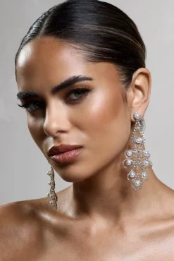 Chandelier | Gold Diamante Pearl Statement Earrings