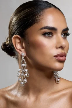 Chandelier | Gold Diamante Pearl Statement Earrings