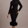 Chandra | Black Mesh Long-Sleeve Midi Dress With Ruffle Hem