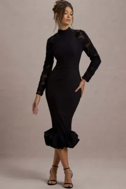 Chandra | Black Mesh Long-Sleeve Midi Dress With Ruffle Hem