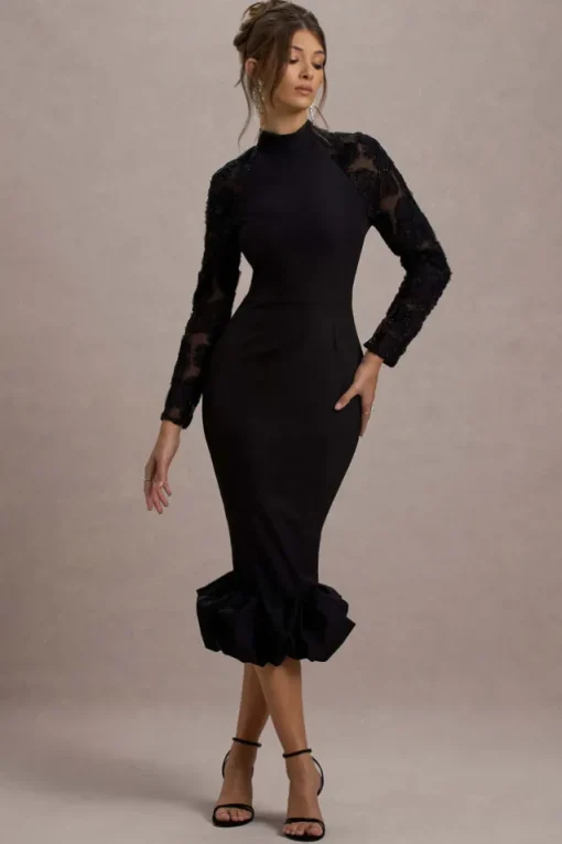 Chandra | Black Mesh Long-Sleeve Midi Dress With Ruffle Hem