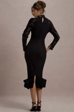 Chandra | Black Mesh Long-Sleeve Midi Dress With Ruffle Hem
