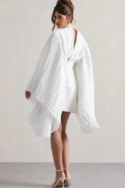 Charity | White Pleated High-Neck Mini Dress With Cape Sleeves