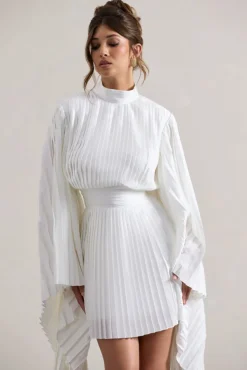 Charity | White Pleated High-Neck Mini Dress With Cape Sleeves