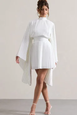 Charity | White Pleated High-Neck Mini Dress With Cape Sleeves