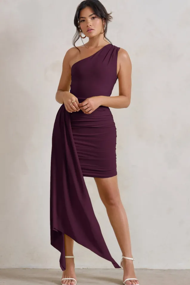 Charlie | Plum One Shoulder Ruched Mini Dress With Statement Drape