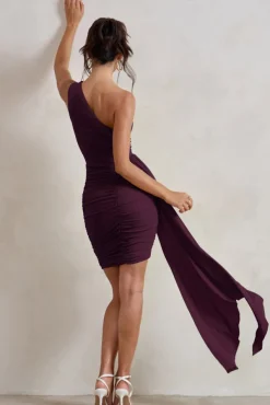 Charlie | Plum One Shoulder Ruched Mini Dress With Statement Drape