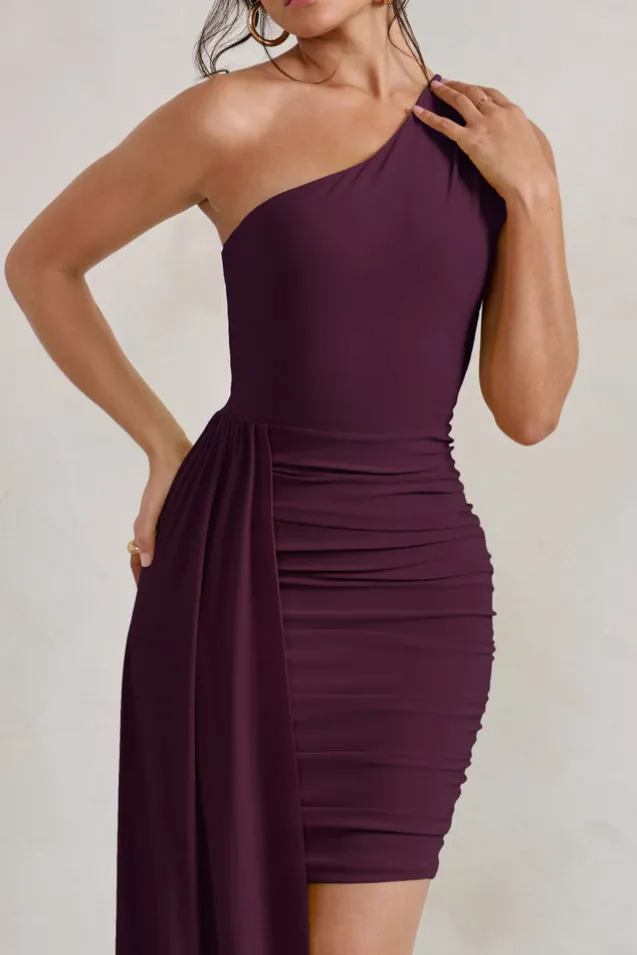 Charlie | Plum One Shoulder Ruched Mini Dress With Statement Drape