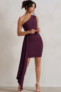 Charlie | Plum One Shoulder Ruched Mini Dress With Statement Drape