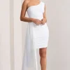 Charlie | White One Shoulder Ruched Mini Dress With Statement Drape