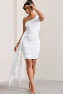Charlie | White One Shoulder Ruched Mini Dress With Statement Drape