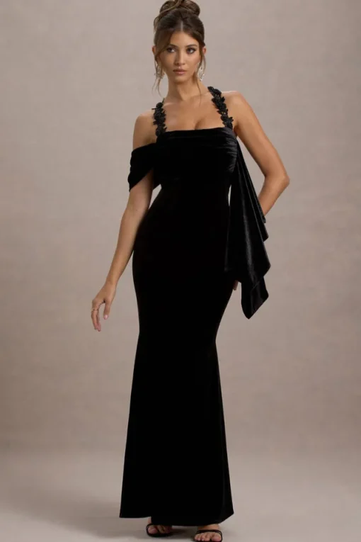 Charlize | Black Velvet Halter-Neck Draped Maxi Dress