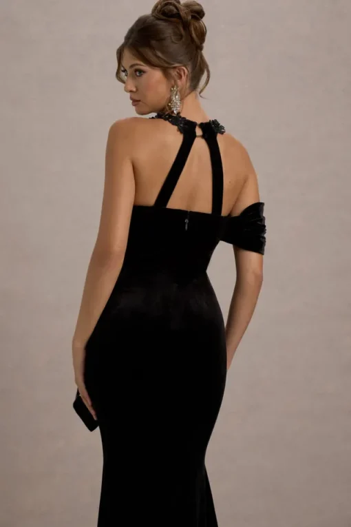 Charlize | Black Velvet Halter-Neck Draped Maxi Dress