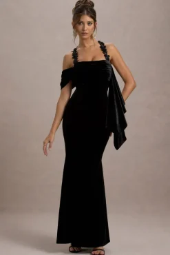 Charlize | Black Velvet Halter-Neck Draped Maxi Dress