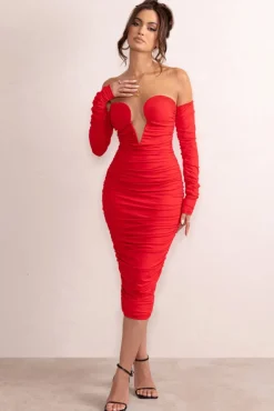Charlotte | Red Deep Plunge Ruched Long Sleeved Midi Dress