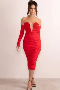 Charlotte | Red Deep Plunge Ruched Long Sleeved Midi Dress