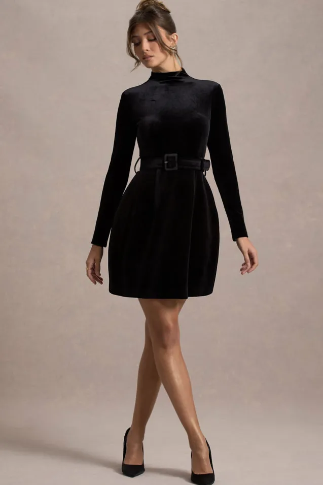 Charm | Black Velvet Turtleneck Long-Sleeve Belted Mini Dress