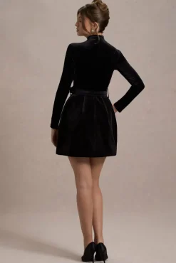 Charm | Black Velvet Turtleneck Long-Sleeve Belted Mini Dress