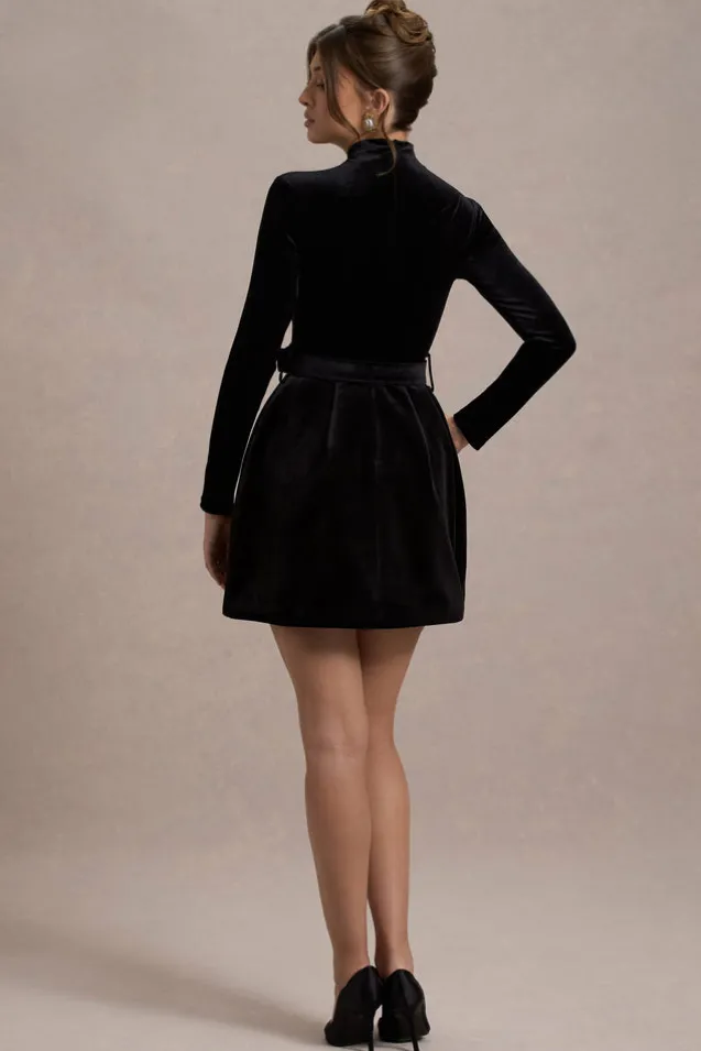 Charm | Black Velvet Turtleneck Long-Sleeve Belted Mini Dress
