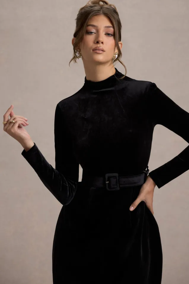 Charm | Black Velvet Turtleneck Long-Sleeve Belted Mini Dress